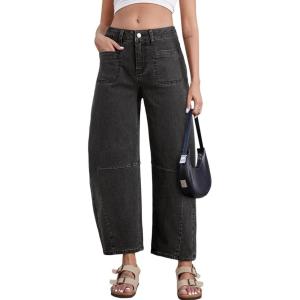imageAstylish Womens Baggy Boyfriend Jeans Wide Leg High Waisted Barrel Vintage Trendy Denim Ankle PantsBlack