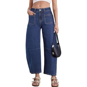 imageAstylish Womens Baggy Boyfriend Jeans Wide Leg High Waisted Barrel Vintage Trendy Denim Ankle PantsBluing