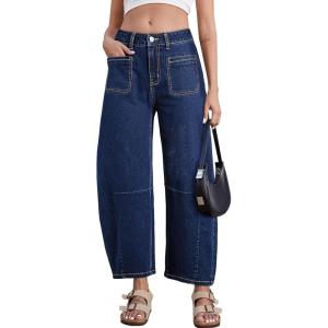 imageAstylish Womens Baggy Boyfriend Jeans Wide Leg High Waisted Barrel Vintage Trendy Denim Ankle PantsNavy Blue