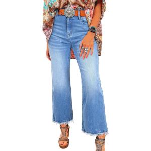 imageAstylish Womens High Waisted Jeans Stretchy Flared Straight Leg Loose Trendy Raw Hem Denim PantsAshleigh Blue