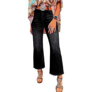 imageAstylish Womens High Waisted Jeans Stretchy Flared Straight Leg Loose Trendy Raw Hem Denim PantsBlack