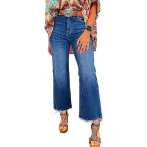 imageAstylish Womens High Waisted Jeans Stretchy Flared Straight Leg Loose Trendy Raw Hem Denim PantsBlue