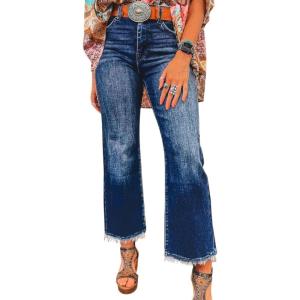imageAstylish Womens High Waisted Jeans Stretchy Flared Straight Leg Loose Trendy Raw Hem Denim PantsBluing