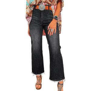 imageAstylish Womens High Waisted Jeans Stretchy Flared Straight Leg Loose Trendy Raw Hem Denim PantsCarbon Grey
