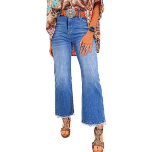 imageAstylish Womens High Waisted Jeans Stretchy Flared Straight Leg Loose Trendy Raw Hem Denim PantsDusk Blue