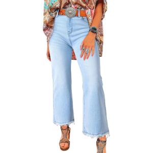 imageAstylish Womens High Waisted Jeans Stretchy Flared Straight Leg Loose Trendy Raw Hem Denim PantsLight Blue