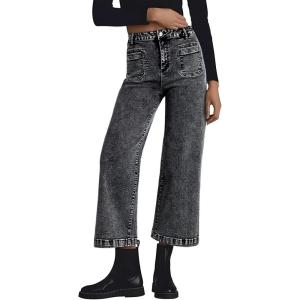 imageAstylish Womens Jeans Wide Leg High Waisted Stretchy Straight Leg Jeans Trendy Ankle Denim Pants with Patch PocketBlack