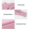 imageAstylish Women 2025 Fine Striped Smocked Cuffed Henley Shirts Long Sleeve Collared Blouse Tops with PocketFiery Red
