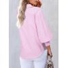 imageAstylish Women 2025 Fine Striped Smocked Cuffed Henley Shirts Long Sleeve Collared Blouse Tops with PocketPink