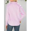 imageAstylish Women 2025 Fine Striped Smocked Cuffed Henley Shirts Long Sleeve Collared Blouse Tops with PocketPink