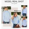 imageAstylish Women 2025 Fine Striped Smocked Cuffed Henley Shirts Long Sleeve Collared Blouse Tops with PocketSky Blue Stripe