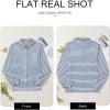 imageAstylish Womens 2025 Oversized Long Sleeve Shirts Button Up Striped Collared Front Pocket TopNavy Blue
