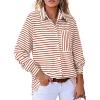 imageAstylish Womens 2025 Oversized Long Sleeve Shirts Button Up Striped Collared Front Pocket TopFiery Red