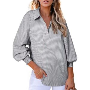 imageAstylish Women 2025 Fine Striped Smocked Cuffed Henley Shirts Long Sleeve Collared Blouse Tops with PocketBlack