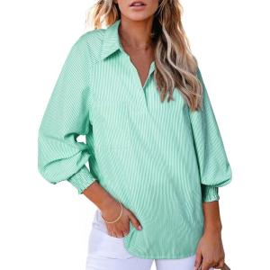 imageAstylish Women 2025 Fine Striped Smocked Cuffed Henley Shirts Long Sleeve Collared Blouse Tops with PocketBlackish Green