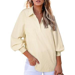 imageAstylish Women 2025 Fine Striped Smocked Cuffed Henley Shirts Long Sleeve Collared Blouse Tops with PocketGinger