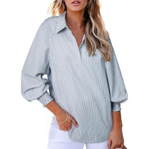imageAstylish Women 2025 Fine Striped Smocked Cuffed Henley Shirts Long Sleeve Collared Blouse Tops with PocketGray