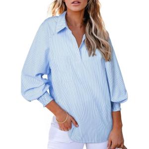imageAstylish Women 2025 Fine Striped Smocked Cuffed Henley Shirts Long Sleeve Collared Blouse Tops with PocketSky Blue Stripe