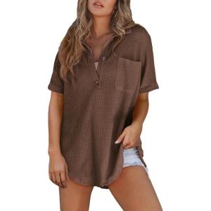 imageAstylish Women 2025 Waffle Knit Tunic Henley Shirts Solid Color Short Sleeve Dressy Blouses Tops with PocketCoffee