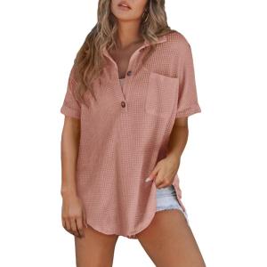 imageAstylish Women 2025 Waffle Knit Tunic Henley Shirts Solid Color Short Sleeve Dressy Blouses Tops with PocketDusty Pink
