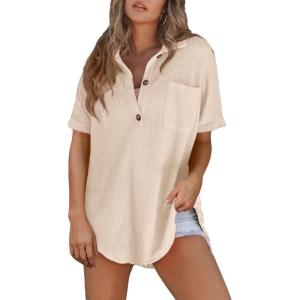 imageAstylish Women 2025 Waffle Knit Tunic Henley Shirts Solid Color Short Sleeve Dressy Blouses Tops with PocketLight French Beige