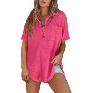 imageAstylish Women 2025 Waffle Knit Tunic Henley Shirts Solid Color Short Sleeve Dressy Blouses Tops with PocketRose Red
