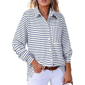 imageAstylish Womens 2025 Oversized Long Sleeve Shirts Button Up Striped Collared Front Pocket TopNavy Blue
