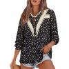 imageAstylish Womens 2025 Lace Crochet Patchwork Floral Shirt Long Sleeve Crew Neck Button Down Boho Blouse TopsBlack