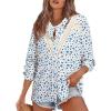 imageAstylish Womens 2025 Lace Crochet Patchwork Floral Shirt Long Sleeve Crew Neck Button Down Boho Blouse TopsBlue