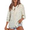 imageAstylish Womens 2025 Lace Crochet Patchwork Floral Shirt Long Sleeve Crew Neck Button Down Boho Blouse TopsYellow