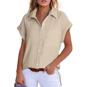 imageAstylish Women 2025 Summer Tops Short Sleeve Shirt V Neck Button Down Blouse Tunic TopBeige