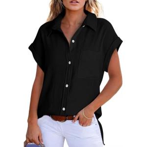 imageAstylish Women 2025 Summer Tops Short Sleeve Shirt V Neck Button Down Blouse Tunic TopBlack