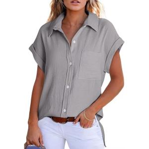 imageAstylish Women 2025 Summer Tops Short Sleeve Shirt V Neck Button Down Blouse Tunic TopLight Grey