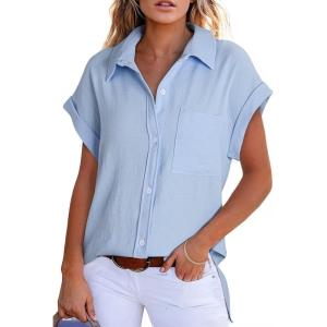 imageAstylish Women 2025 Summer Tops Short Sleeve Shirt V Neck Button Down Blouse Tunic TopMist Blue