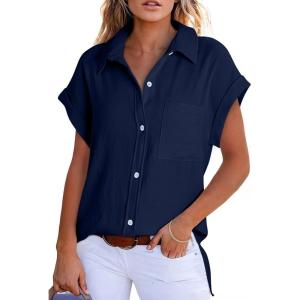 imageAstylish Women 2025 Summer Tops Short Sleeve Shirt V Neck Button Down Blouse Tunic TopNavy Blue