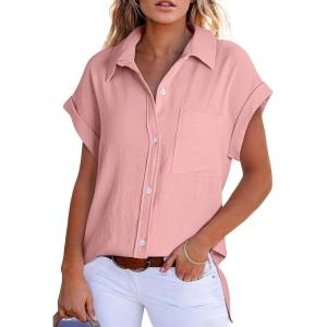 imageAstylish Women 2025 Summer Tops Short Sleeve Shirt V Neck Button Down Blouse Tunic TopPink