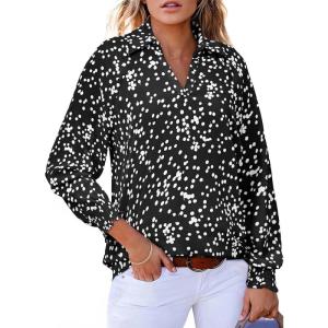 imageAstylish Womens 2025 Casual Polka Dot Blouses Long Sleeve V Neck Alicia Floral Print Collared Shirts Chiffon Bohemian TopsBlack