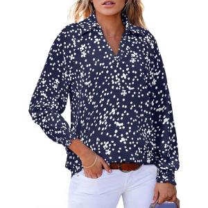 imageAstylish Womens 2025 Casual Polka Dot Blouses Long Sleeve V Neck Alicia Floral Print Collared Shirts Chiffon Bohemian TopsDark Blue