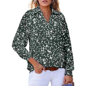 imageAstylish Womens 2025 Casual Polka Dot Blouses Long Sleeve V Neck Alicia Floral Print Collared Shirts Chiffon Bohemian TopsGreen
