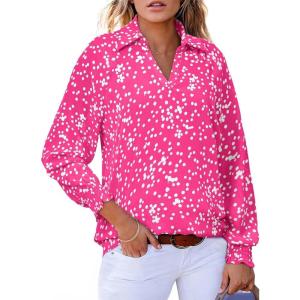 imageAstylish Womens 2025 Casual Polka Dot Blouses Long Sleeve V Neck Alicia Floral Print Collared Shirts Chiffon Bohemian TopsPink