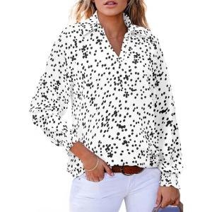imageAstylish Womens 2025 Casual Polka Dot Blouses Long Sleeve V Neck Alicia Floral Print Collared Shirts Chiffon Bohemian TopsWhite