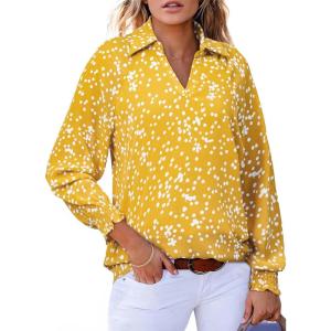 imageAstylish Womens 2025 Casual Polka Dot Blouses Long Sleeve V Neck Alicia Floral Print Collared Shirts Chiffon Bohemian TopsYellow