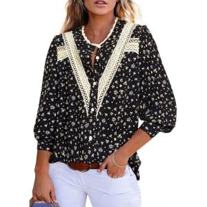 imageAstylish Womens 2025 Lace Crochet Patchwork Floral Shirt Long Sleeve Crew Neck Button Down Boho Blouse TopsBlack