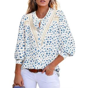 imageAstylish Womens 2025 Lace Crochet Patchwork Floral Shirt Long Sleeve Crew Neck Button Down Boho Blouse TopsBlue