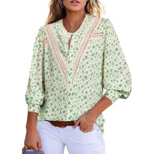 imageAstylish Womens 2025 Lace Crochet Patchwork Floral Shirt Long Sleeve Crew Neck Button Down Boho Blouse TopsGreen