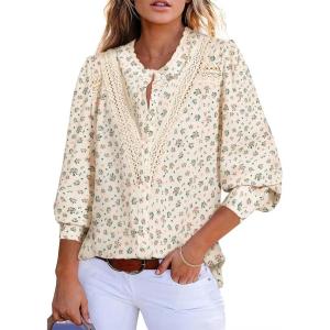 imageAstylish Womens 2025 Lace Crochet Patchwork Floral Shirt Long Sleeve Crew Neck Button Down Boho Blouse TopsPink