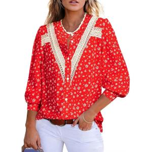 imageAstylish Womens 2025 Lace Crochet Patchwork Floral Shirt Long Sleeve Crew Neck Button Down Boho Blouse TopsRed
