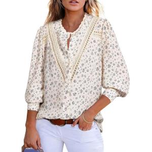 imageAstylish Womens 2025 Lace Crochet Patchwork Floral Shirt Long Sleeve Crew Neck Button Down Boho Blouse TopsWhite