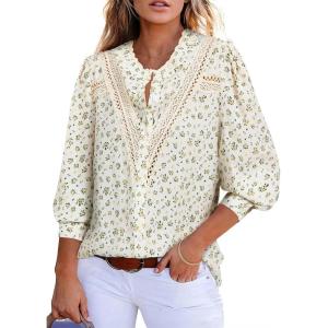 imageAstylish Womens 2025 Lace Crochet Patchwork Floral Shirt Long Sleeve Crew Neck Button Down Boho Blouse TopsYellow
