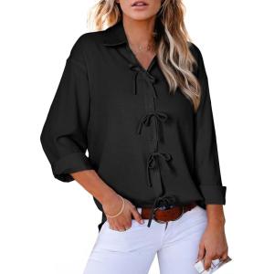 imageAstylish Womens V Neck Long Sleeve Blouse Button Down Solid Color Shirt Bow Tie Front Trendy TopsBlack